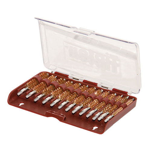 Le set de brosses en bronze Tipton de 13 pièces est parfait pour le nettoyage de ton arme, avec des brosses calibrées et un boîtier durable pour un rangement facile.