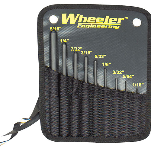 Le set de Roll Pin Punch Wheeler est en acier durci, avec des pointes hémisphériques pour un alignement parfait, incluant 9 tailles dans une pochette en nylon.