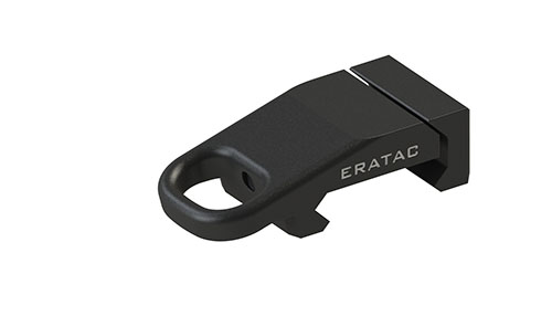 L'adaptateur ERATAC permet une fixation latérale facile des HK snap hooks sur les rails Picatinny, avec une grande ouverture ovale pour un accrochage rapide.