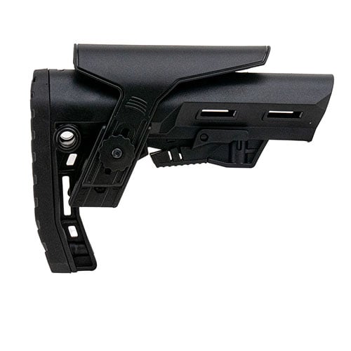 Le Scout AR-15 Mil-Spec Stock offre confort, légèreté, et stabilité, avec un montage QD, un riser de joue et un verrouillage sécurisé pour une précision optimale.