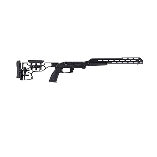 Le kit MDT ESS Chassis offre une ergonomie ultime avec un crosse ajustable, un grip AR et un système de lit V-block pour une base solide.