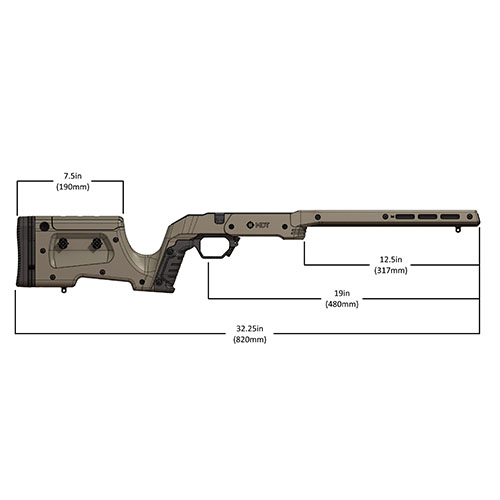 Le MDT XRS est un système de châssis complet pour Tikka T3/T3x, avec un design traditionnel, ajustable, sans besoin de bedding, et compatible M-LOK.