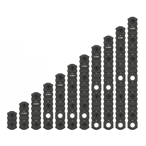 Les rails Picatinny M-LOK d'MDT en aluminium 6061-T6 sont durables, avec marquages laser pour un montage précis et un point d'attache QD intégré sur les modèles plus longs.