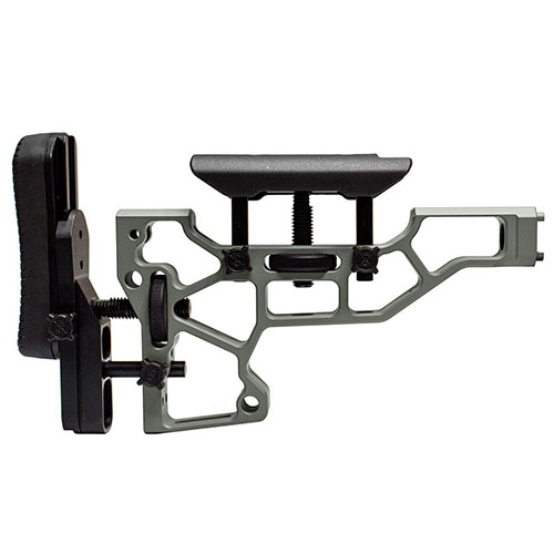 Le MDT Skeleton Rifle Stock offre un ajustement sans outil pour un confort optimal, avec des réglages horizontaux, verticaux et d'inclinaison pour un tir parfait.