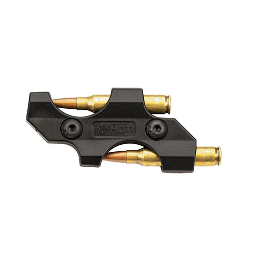 Avec le MDT M-LOK Spare Round Holder, tu peux stocker 2 cartouches supplémentaires sur le côté de ton fusil, idéal pour un accès rapide lors de tes sessions de tir.