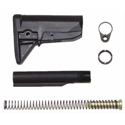 Le kit BCM GUNFIGHTER inclut la crosse Mod 0, un tube récepteur Mil-Spec en 7075 T6, un ressort d'action carabine et un support QD, tout en polymères résistants.