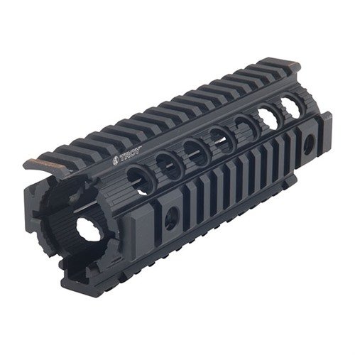 Le rail drop-in amélioré de Troy se monte facilement sur ton M4/M16, avec des rails Picatinny et des sockets Q.D. pour un usage pratique et robuste.