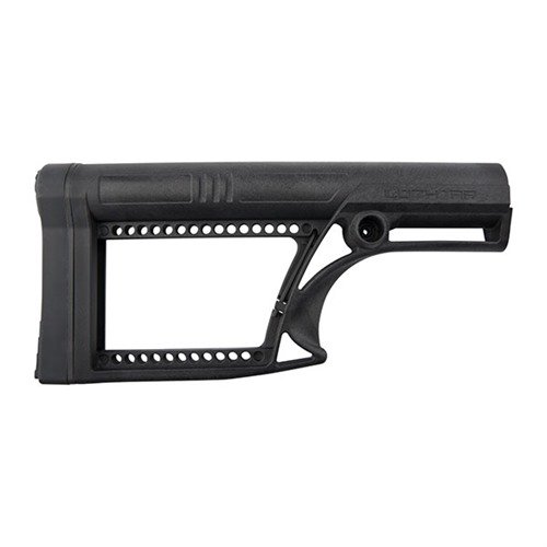 Le Luth-AR Skeleton Stock est léger, durable et s'adapte à tous les tubes de buffer de longueur de fusil AR-15, avec réglage de la longueur et de la hauteur.
