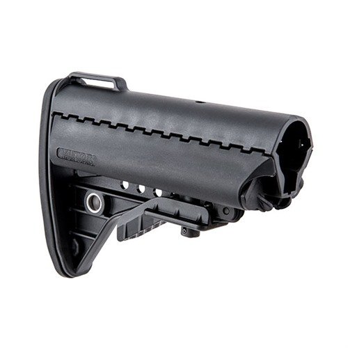 Le stock IMOD AR-15 de VLTOR offre un design fonctionnel, des matériaux robustes, des compartiments de rangement et un pad de crosse, parfait pour le terrain.