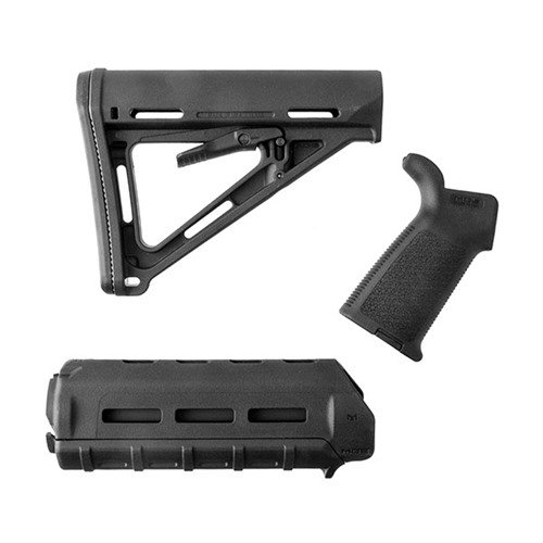Améliore ton AR-15 avec le set de meubles MOE de MAGPUL, incluant une crosse Mil-Spec, un forend carabine et une poignée, disponibles en plusieurs couleurs.