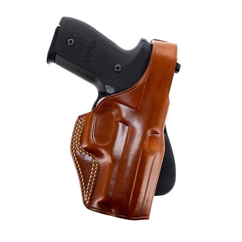 Le holster PLE Paddle de Galco, en cuir de qualité, offre une sécurité optimale avec sa sangle de rétention et un accès rapide, s'adaptant à des ceintures jusqu'à 1 3/4".