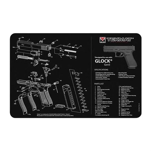 Le TEKMAT Pistol Gun Cleaning Mat protège ta Glock Gen5 avec un dessus en polyester doux et un dos en néoprène antidérapant, facile à nettoyer.