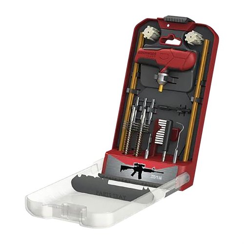 Le kit de nettoyage AR-15 de 18 pièces est complet, avec un manche personnalisé, des brosses spécifiques et un étui innovant pour protéger et afficher tes outils.
