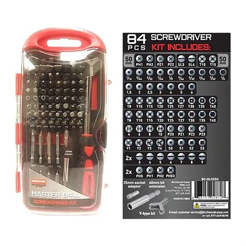 Le set de tournevis MASTER de 84 pièces te fournit tous les embouts nécessaires : Slotted, Philips, Torx, Hex, et plus, idéal pour tes projets d'armurerie.