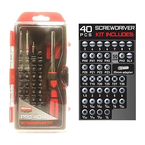 Découvre le set de tournevis PRO de 40 pièces, avec des embouts Slotted, Philips, Pozidriv, Torx et Hex pour tous tes besoins d'armurerie!