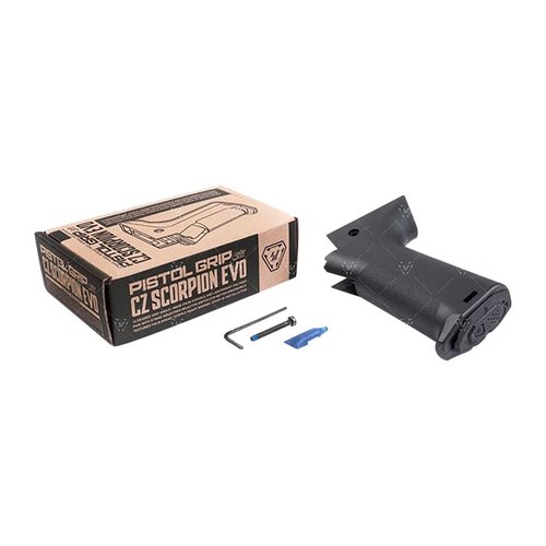 Améliore ton ergonomie avec la poignée Strike Industries pour CZ Scorpion EVO, offrant un angle vertical, un stockage sécurisé et une personnalisation facile.