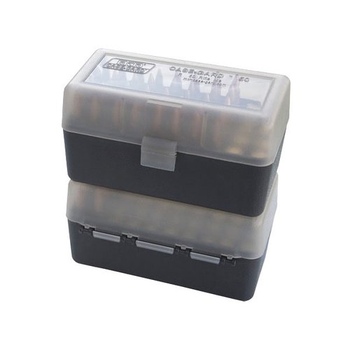 La boîte à munitions 50rd Flip-Top est idéale pour ranger tes cartouches 223, 204 Ruger et 6x47, avec un design clair/fumé pour une visibilité optimale.