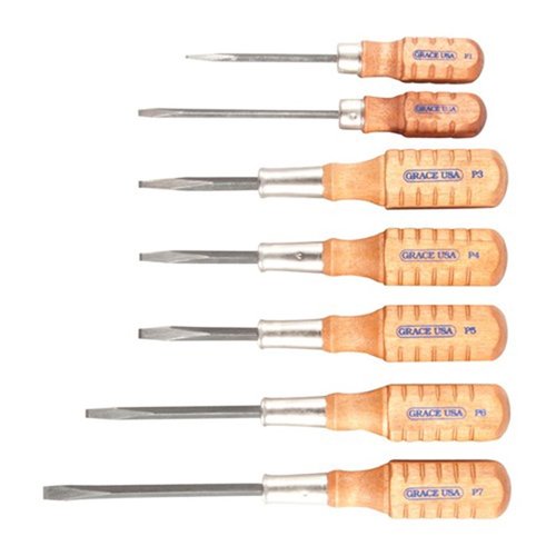 Le set de tournevis PISTOLSMITH de GRACE USA comprend 7 tournevis pré-affûtés, parfaits pour les vis de Colt, S&W et Ruger, avec une poignée en bois robuste.