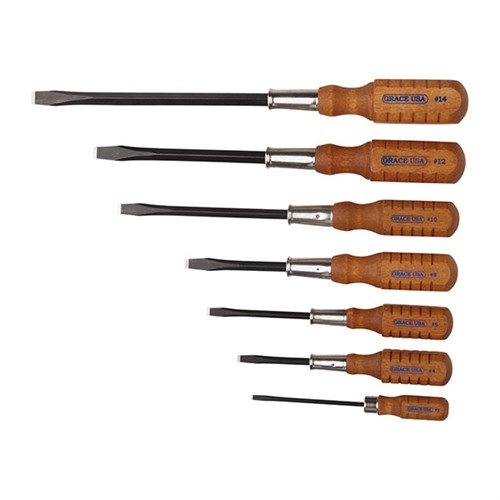 Le set de 7 tournevis GRACE USA est parfait pour les vis en bois, avec des manches en bois de qualité et des lames sur mesure pour un ajustement précis.