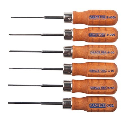 Le set de micro tournevis Grace USA comprend 6 tournevis en acier allié, avec des poignées en bois, parfaits pour les travaux de précision sur tes armes.