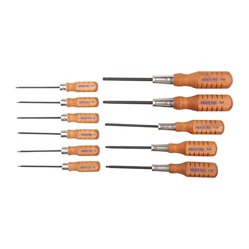 Le set de tournevis étoile Grace USA de 11 pièces est fabriqué aux USA, avec des manches en bois et des lames en acier allié, parfait pour les armuriers et bricoleurs.