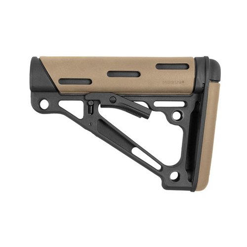 Le crosse collapsible Hogue OverMolded® en FDE offre un confort optimal avec son appui-joue en caoutchouc, un ajustement anti-vibration et plusieurs points de fixation.