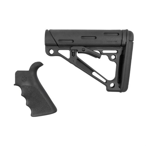 Le kit Hogue comprend une poignée beavertail en caoutchouc avec rainures pour un grip confortable et une crosse collapsible anti-vibration pour un maintien parfait.