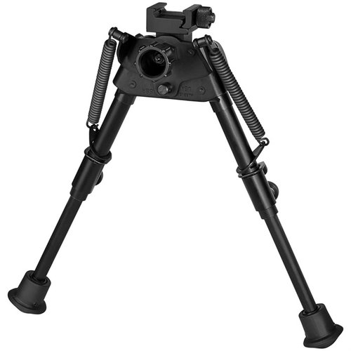 Le bipied S-BRP Harris s'étend de 6" à 9", se fixe sur un rail Picatinny, est léger (12.5 oz) et idéal pour tirer sur banc, tout en compensant le terrain.