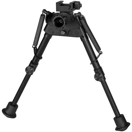 Le bipied S-BR2P de Harris s'étend de 6" à 9", se fixe sur un rail Picatinny, est ultra léger (13 oz) et possède des pieds auto-nivelants pour un tir précis.