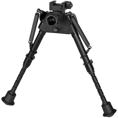 Le S-BRMP BIPOD HARRIS s'étend de 6" à 9", se fixe sur un rail Picatinny, est léger (13 oz) et dispose de jambes à ressort pour un déploiement rapide.