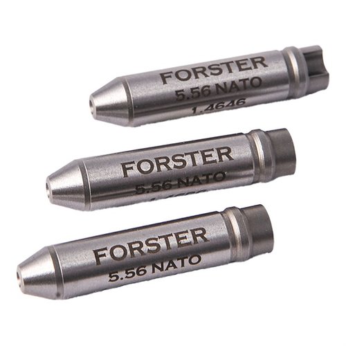 Découvre le kit de jauges de tête d'armurier 5.56 de Forster : il inclut un Go Gauge, un midrange gauge et un max field gauge, facile à utiliser sans démonter le bolt.