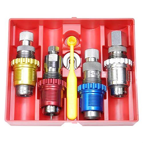Le set de 4 dies en carbure Breech Lock de Lee pour .380 Auto comprend tout pour recharger : sizing, seating, expansion et crimp, avec accessoires inclus.