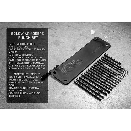 Le kit Armorer's de SOLGW comprend 16 outils, dont des punches traités QPQ et des outils spécifiques pour un travail de précision sur tes armes.