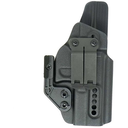 Le holster IWB X PRIORITY 1 pour Glock® offre une rétention ajustable, un clip monobloc discret et un design ouvert pour les canons filetés, idéal pour le port dissimulé.