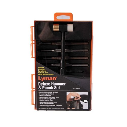 Le set de marteau et poinçons DELUXE de LYMAN est compact, facile d'accès, avec un marteau en laiton/nylon et des poinçons en acier 4130 pour un travail précis.
