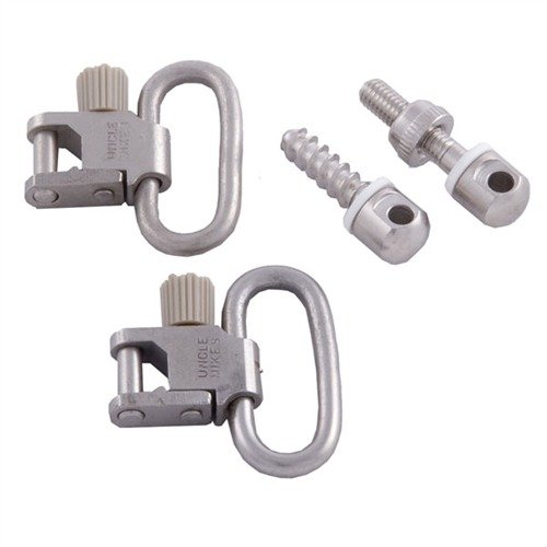 Le set de swivels nickelés d'Uncle Mikes résiste à la rouille et s'harmonise parfaitement avec les armes en acier inoxydable. Inclus : 2 swivels, 1 montage à vis en bois, 1 montage à vis machine et écrou.