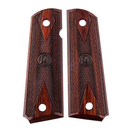 Les poignées 1911 American Legend de Pachmayr offrent un checkering élégant, un insert en médaillon et un bois de rose au grain distinctif, parfaites pour ton 1911.