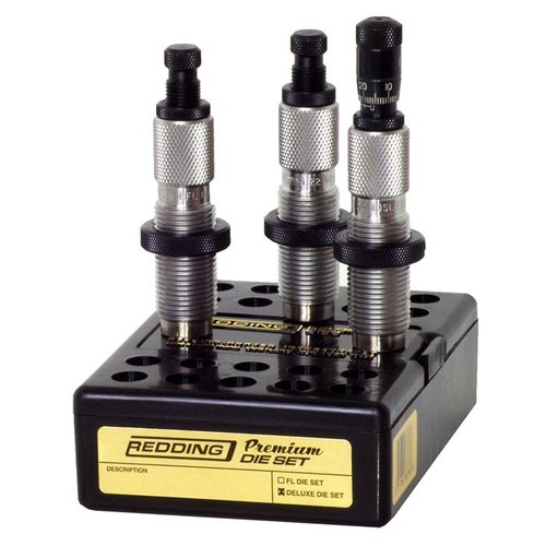 Le set de dies Premium Deluxe 6.5 Creedmoor de Redding comprend un die de dimensionnement complet, un die de siège avec Micrometer Seat Stem et un die de dimensionnement de col.