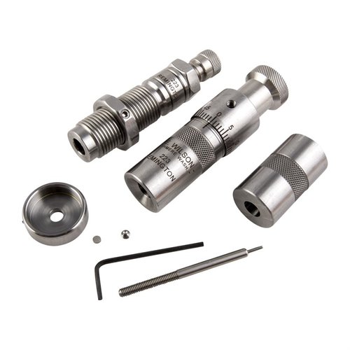Le kit de dies L.E. Wilson en acier inoxydable offre un redimensionnement précis, un réglage de profondeur de siège et un gauge de longueur de cartouche pour des munitions cohérentes.