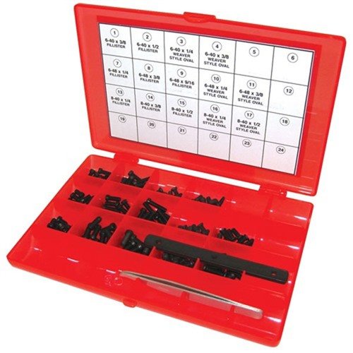 Le Master Gunsmith Screw Kit-142 te fournit 10 vis de 14 tailles différentes, idéales pour un remplacement non-glissant, avec pince et jauge de filetage.