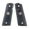 Les grips 1911 G10 en composite résistant offrent un design starburst unique, un médaillon en pewter, et sont compatibles avec la sécurité ambidextre.