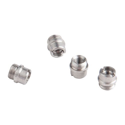 Les bushings de vis de poignée 1911 en acier inoxydable sont un remplacement direct pour ceux endommagés, vendus par set de 4 pour un montage facile.